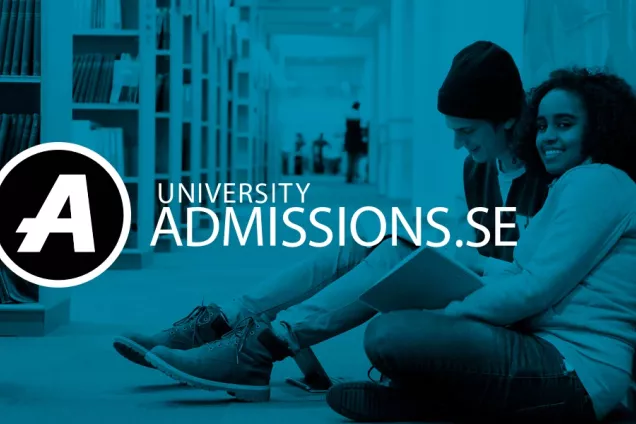 Photograph of two students with a blue tint. Universityadmissions.se's logotype is at the forefront.