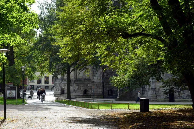 Lush trees by the gravel path in Lundagård, near Krafts torg with the Cathedral in the background. On the path comes a cyclist cycling.Photo.